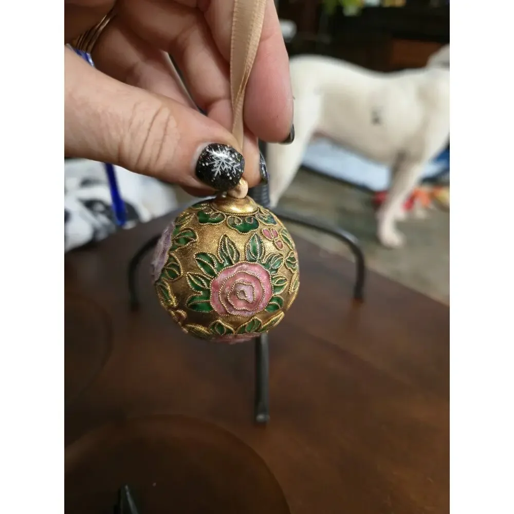 Vintage Cloisonne Enamel Ornament Floral Rose Design – Gold Tone – Hanging Ball